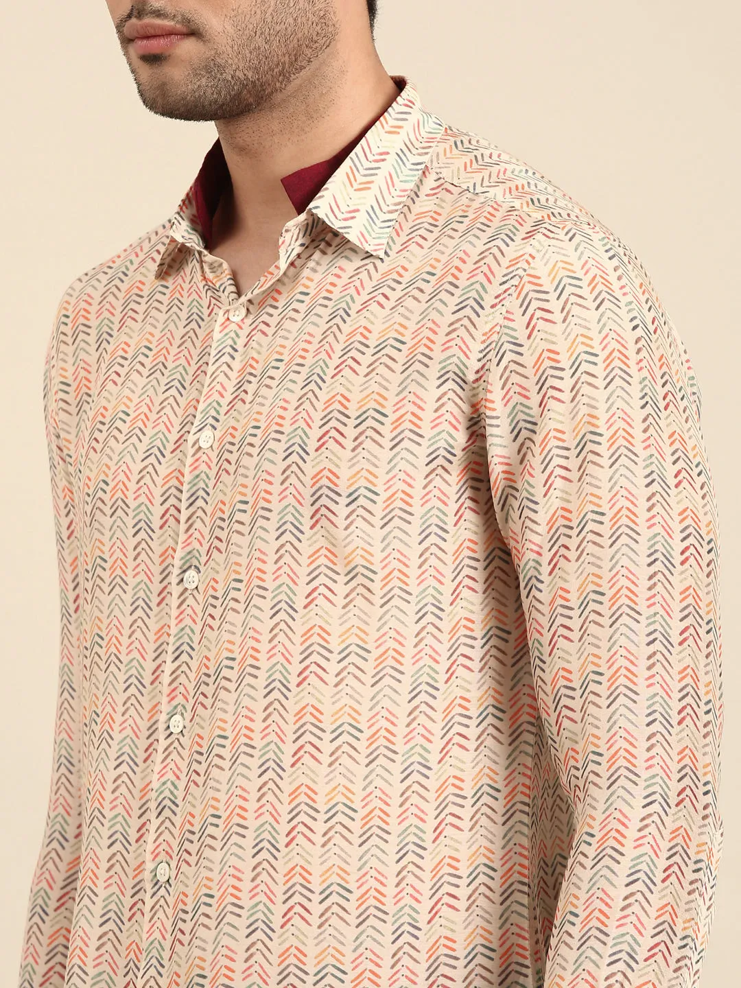 Beige Muslin Print Designer Shirt for Men - MM0866
