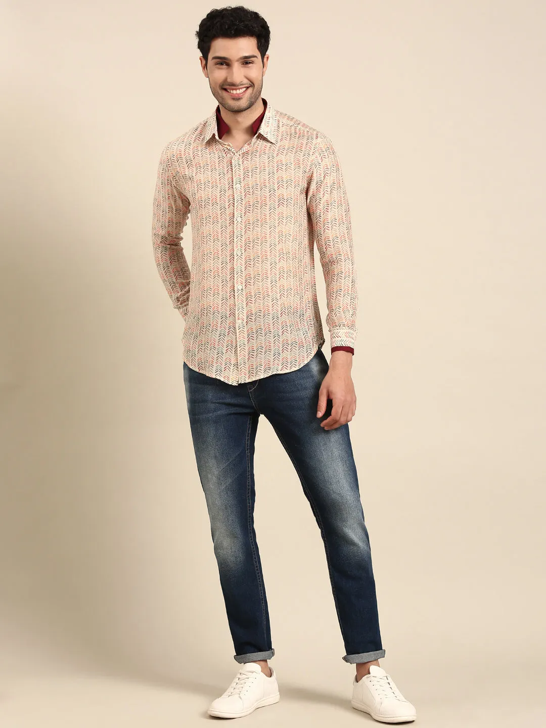 Beige Muslin Print Designer Shirt for Men - MM0866