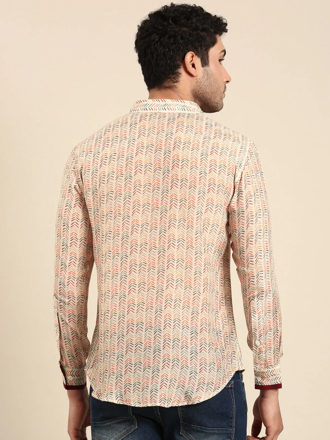 Beige Muslin Print Designer Shirt for Men - MM0866