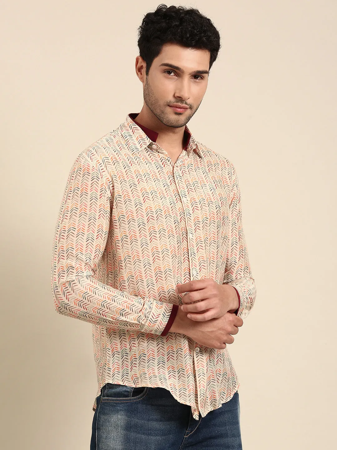 Beige Muslin Print Designer Shirt for Men - MM0866