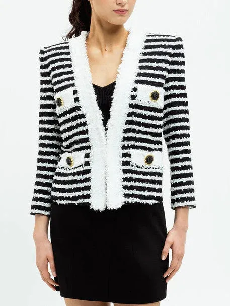 Bicolor Striped Tweed Cardigan Jacket