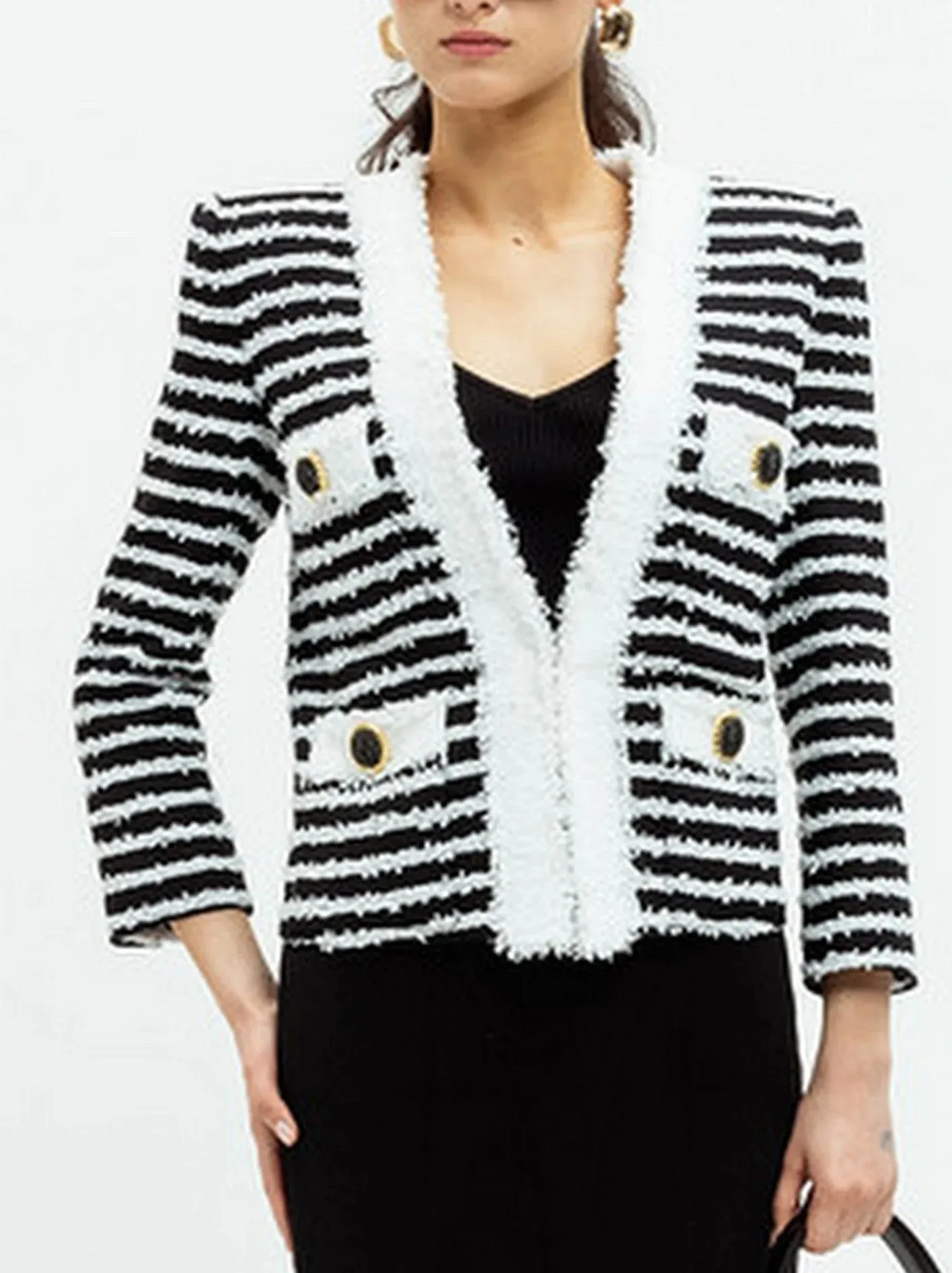 Bicolor Striped Tweed Cardigan Jacket