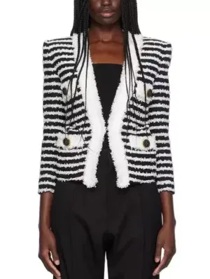 Bicolor Striped Tweed Cardigan Jacket
