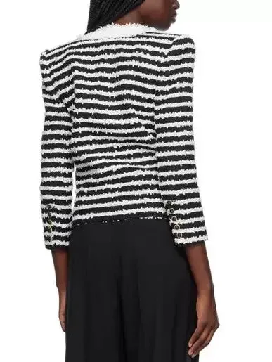 Bicolor Striped Tweed Cardigan Jacket