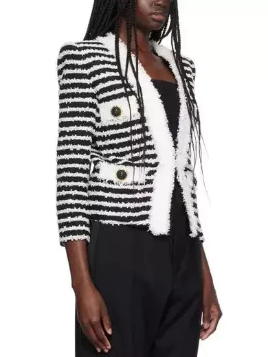 Bicolor Striped Tweed Cardigan Jacket