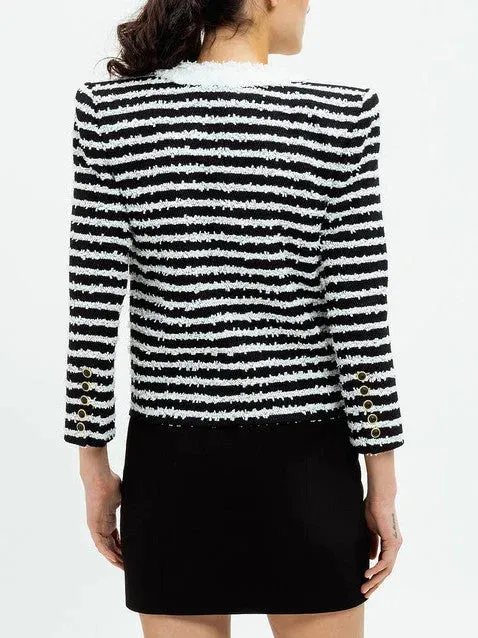 Bicolor Striped Tweed Cardigan Jacket