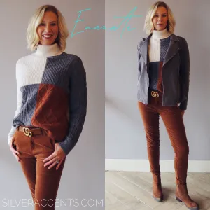 EMANATE ColorBlock CableKnit TurtleNeck Sweater Top