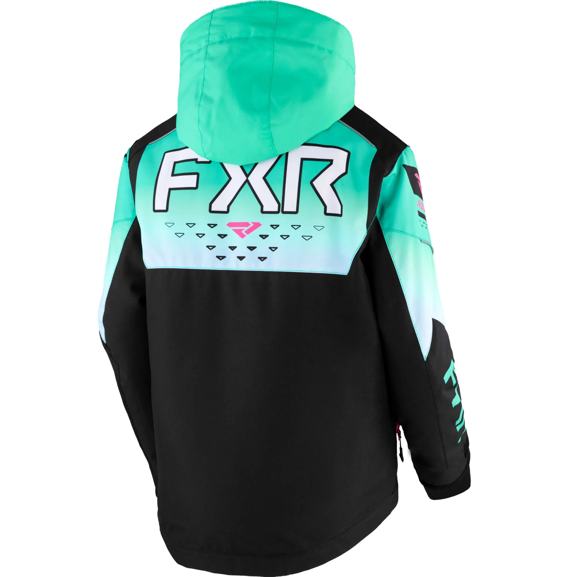FXR Youth Helium Snowmobile Jacket Black/Mint Fade/E Pink Turquoise