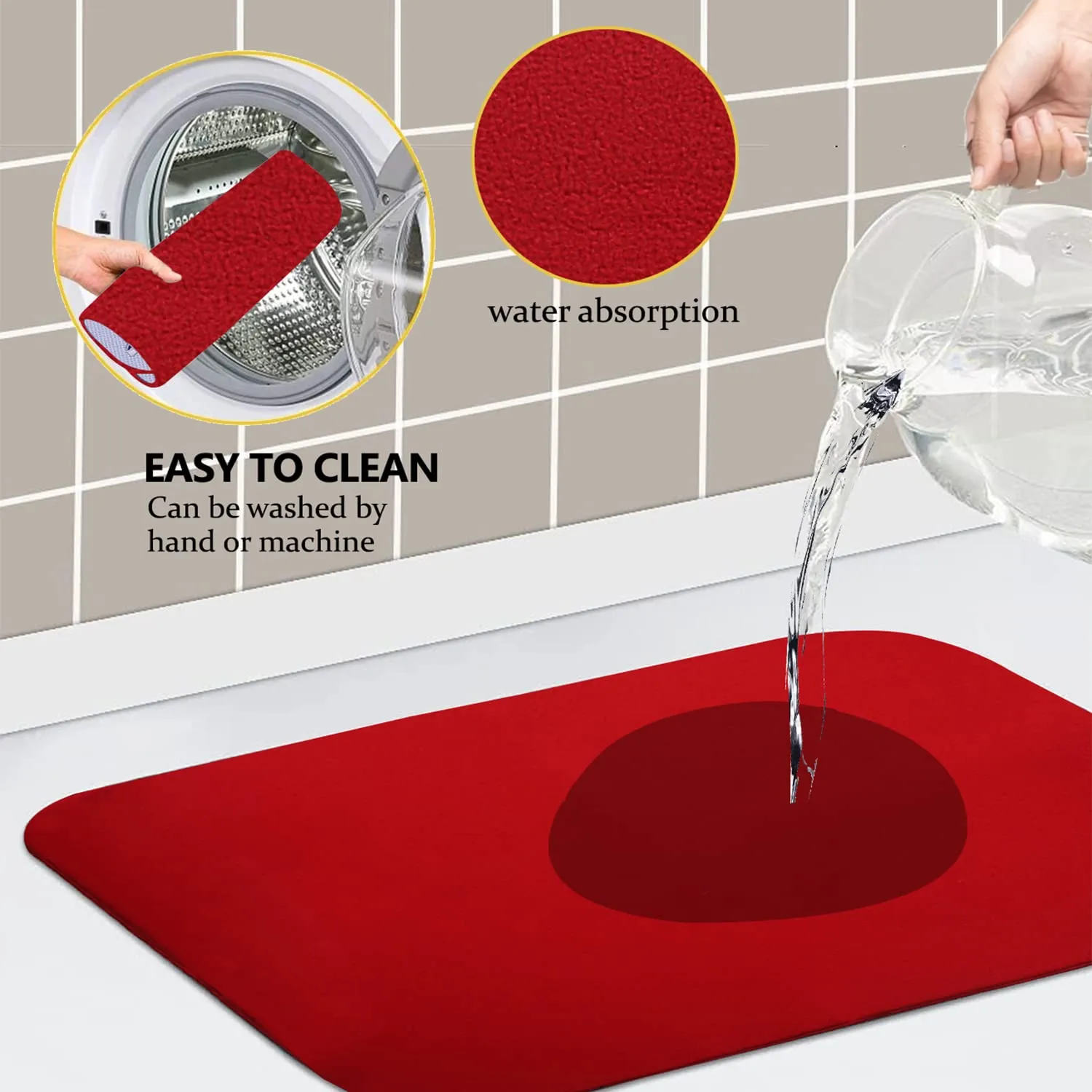 Heart Home Microfiber Reversible Dish Drying Mat with Absorbent Parity for Kitchen 27"x 19",Pack of 2 (Red)