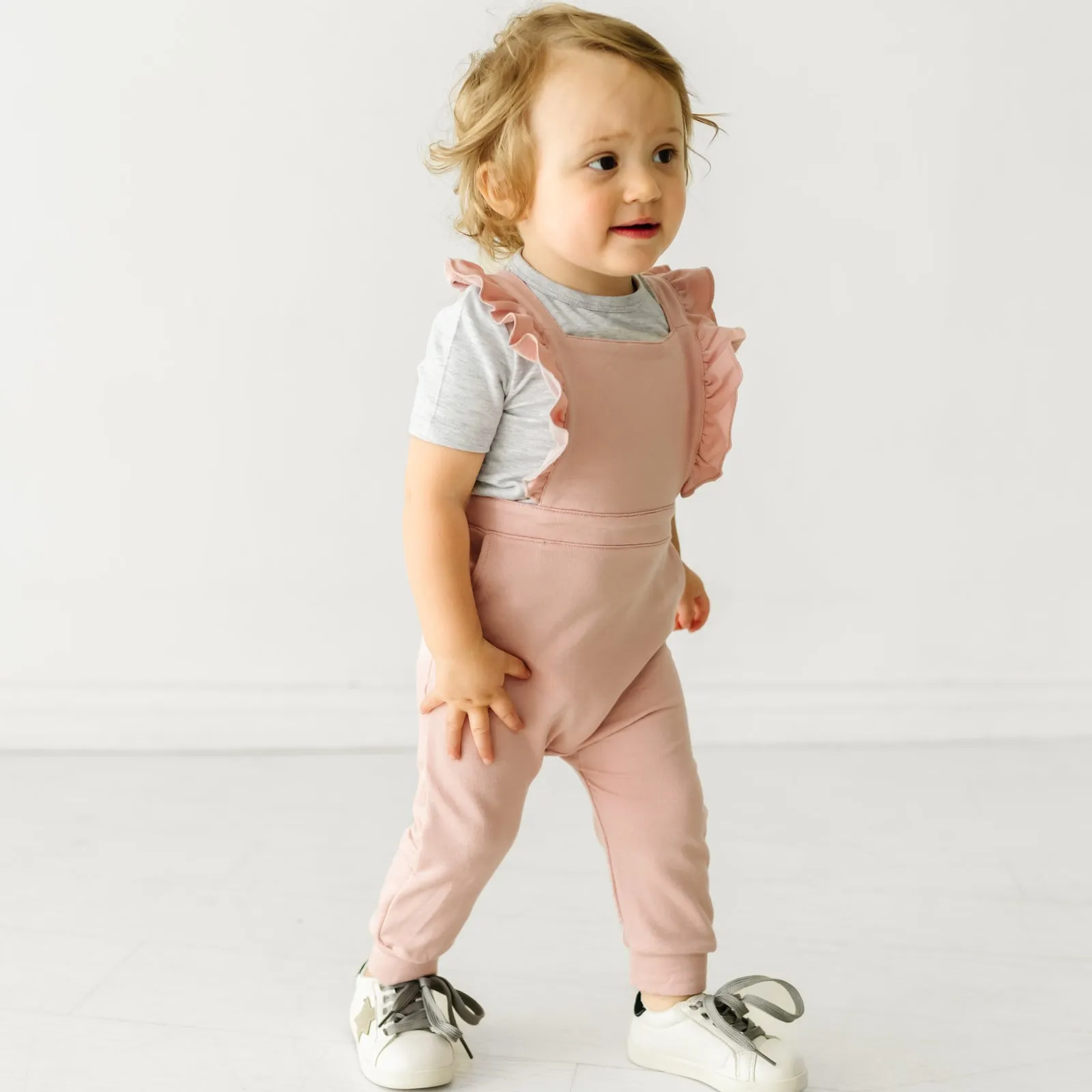 Mauve Blush Ruffle Overall Romper