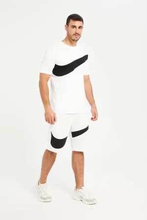 Men White Print Active Set (2 Piece)
