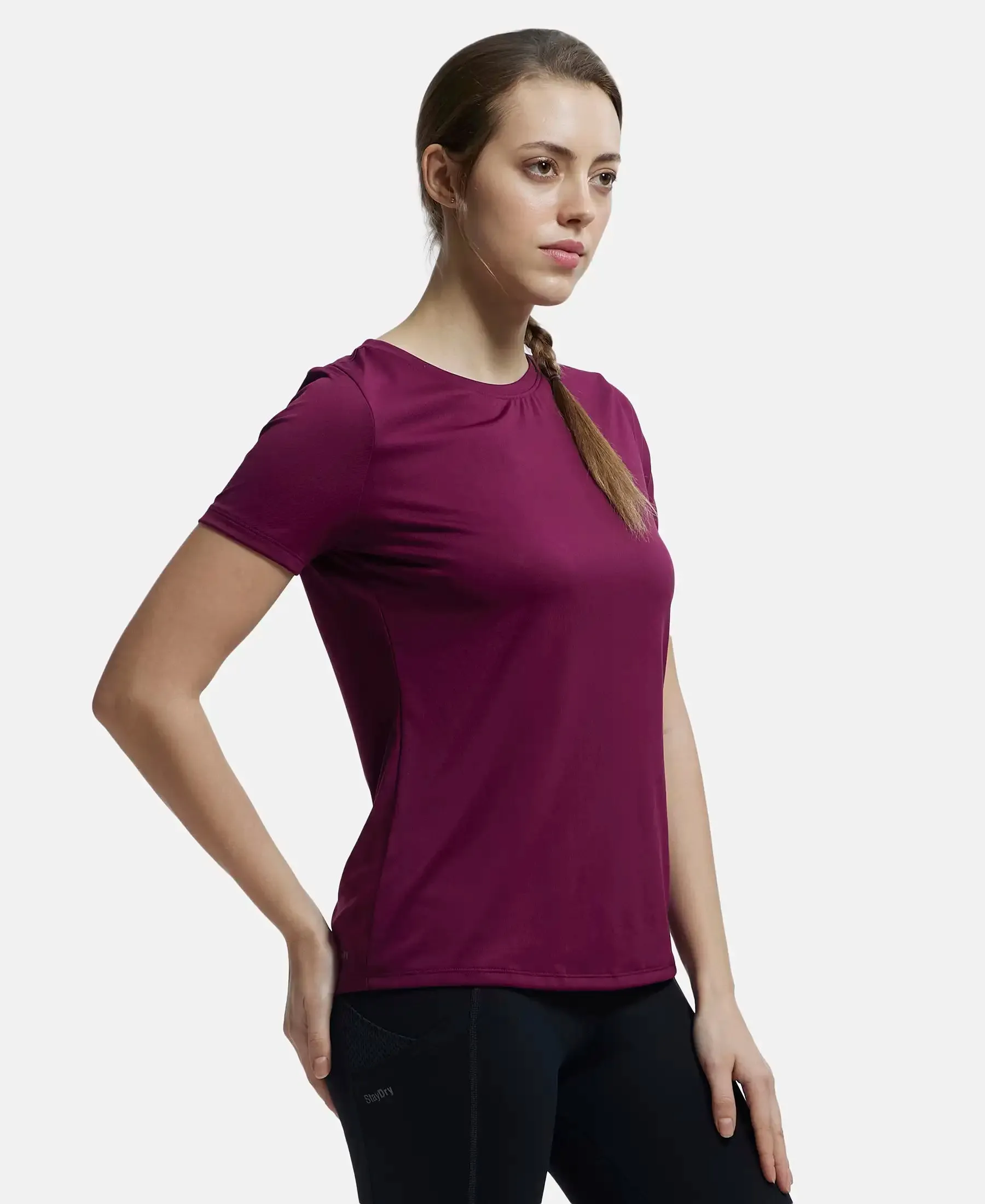 Microfiber Polyester Fabric Relaxed Fit Solid Round Neck Half Sleeve T-Shirt - Grape Wine