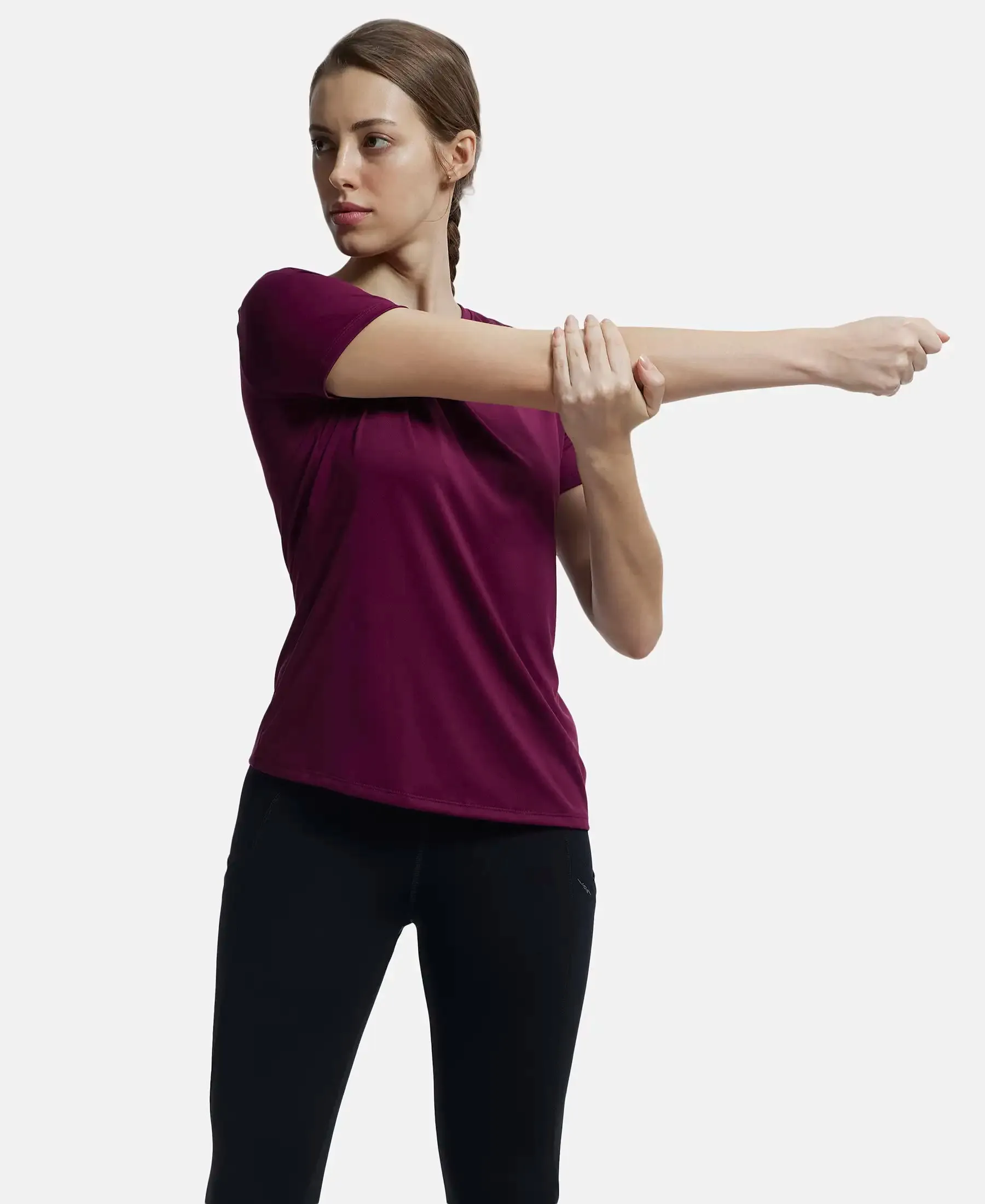 Microfiber Polyester Fabric Relaxed Fit Solid Round Neck Half Sleeve T-Shirt - Grape Wine