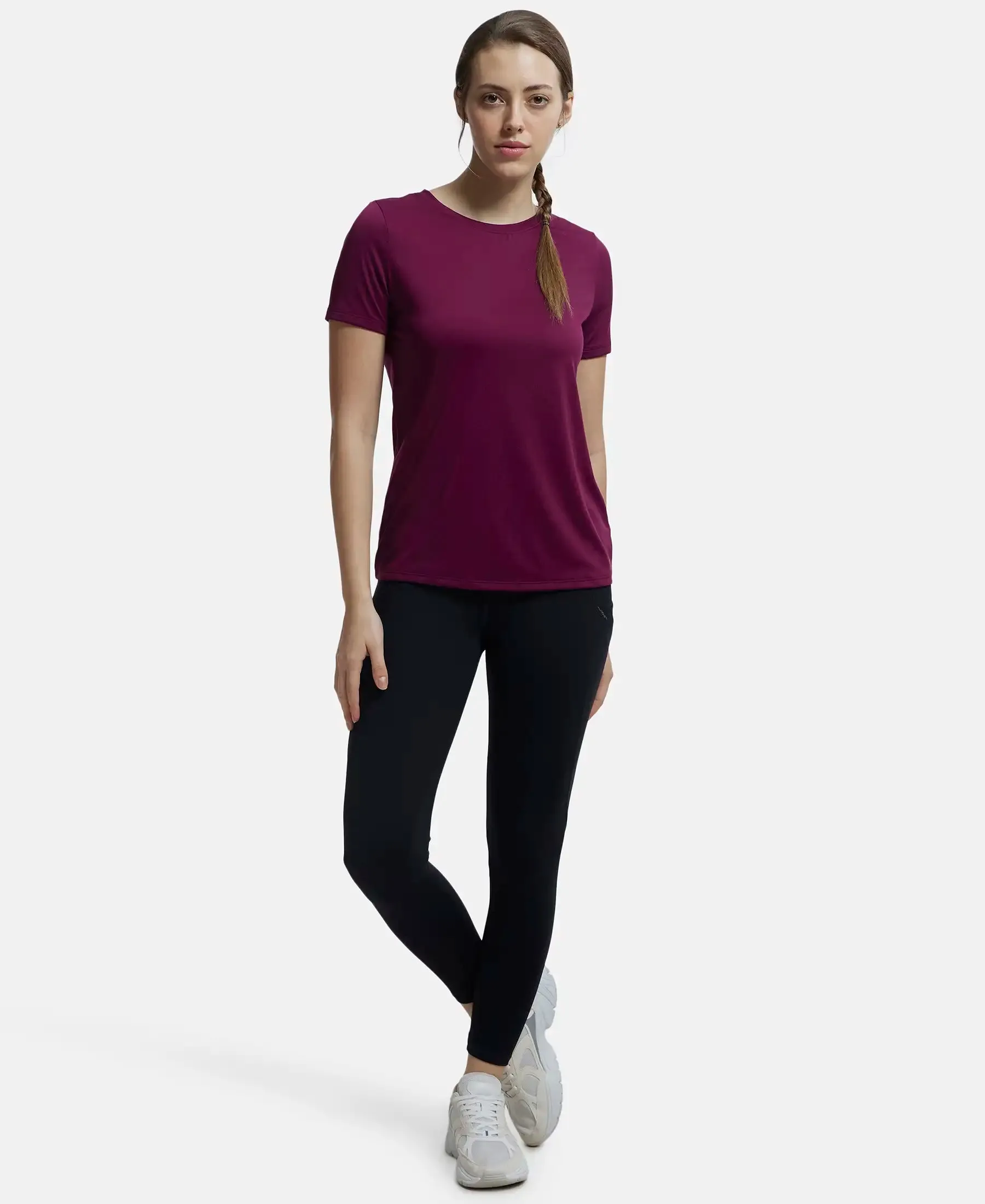 Microfiber Polyester Fabric Relaxed Fit Solid Round Neck Half Sleeve T-Shirt - Grape Wine