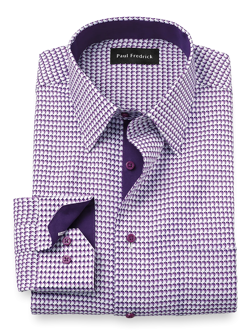 Non-Iron Cotton Houndstooth Dress Shirt With Contrast Trim - Purple