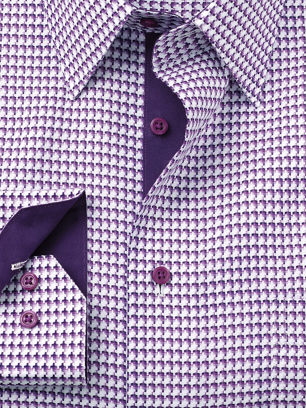 Non-Iron Cotton Houndstooth Dress Shirt With Contrast Trim - Purple