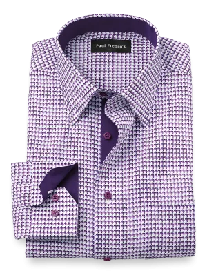 Non-Iron Cotton Houndstooth Dress Shirt With Contrast Trim - Purple