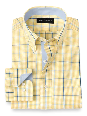 Non-Iron Cotton Windowpane Dress Shirt With Contrast Trim - Yellow/cobalt