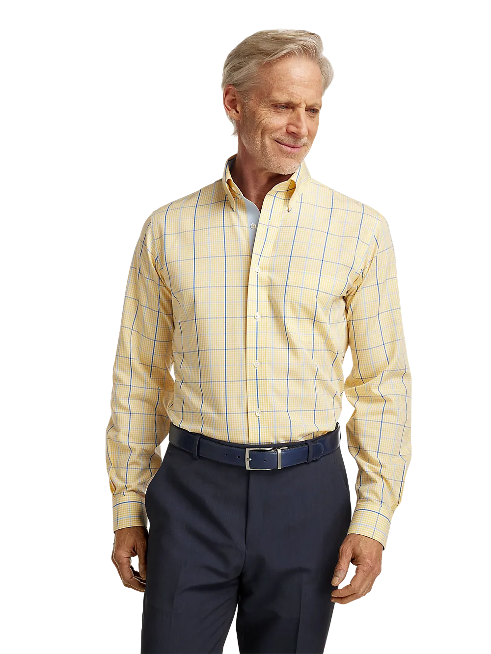 Non-Iron Cotton Windowpane Dress Shirt With Contrast Trim - Yellow/cobalt
