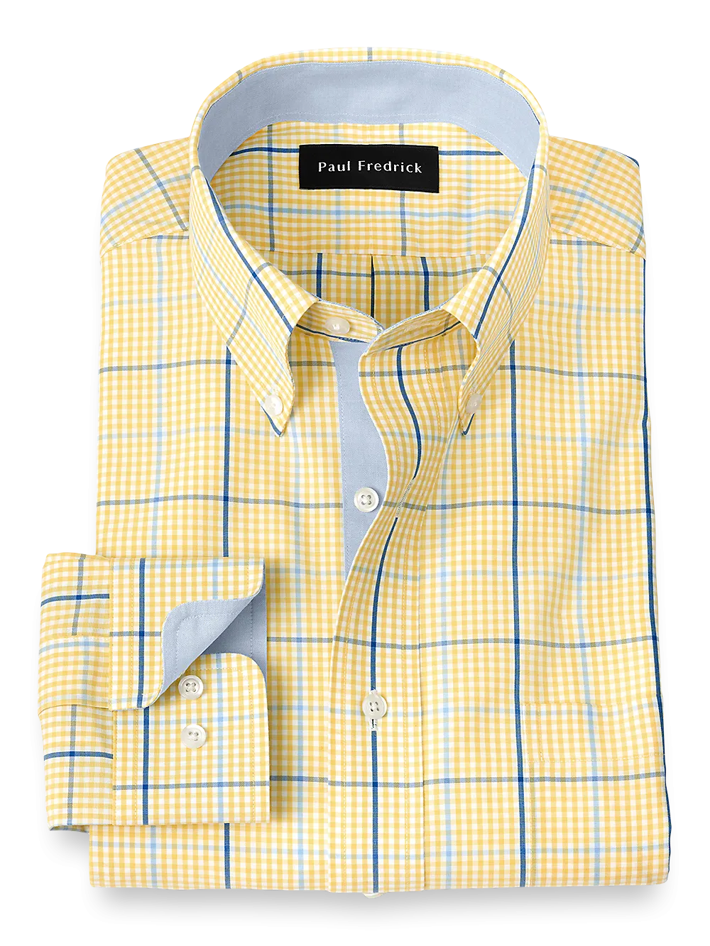 Non-Iron Cotton Windowpane Dress Shirt With Contrast Trim - Yellow/cobalt