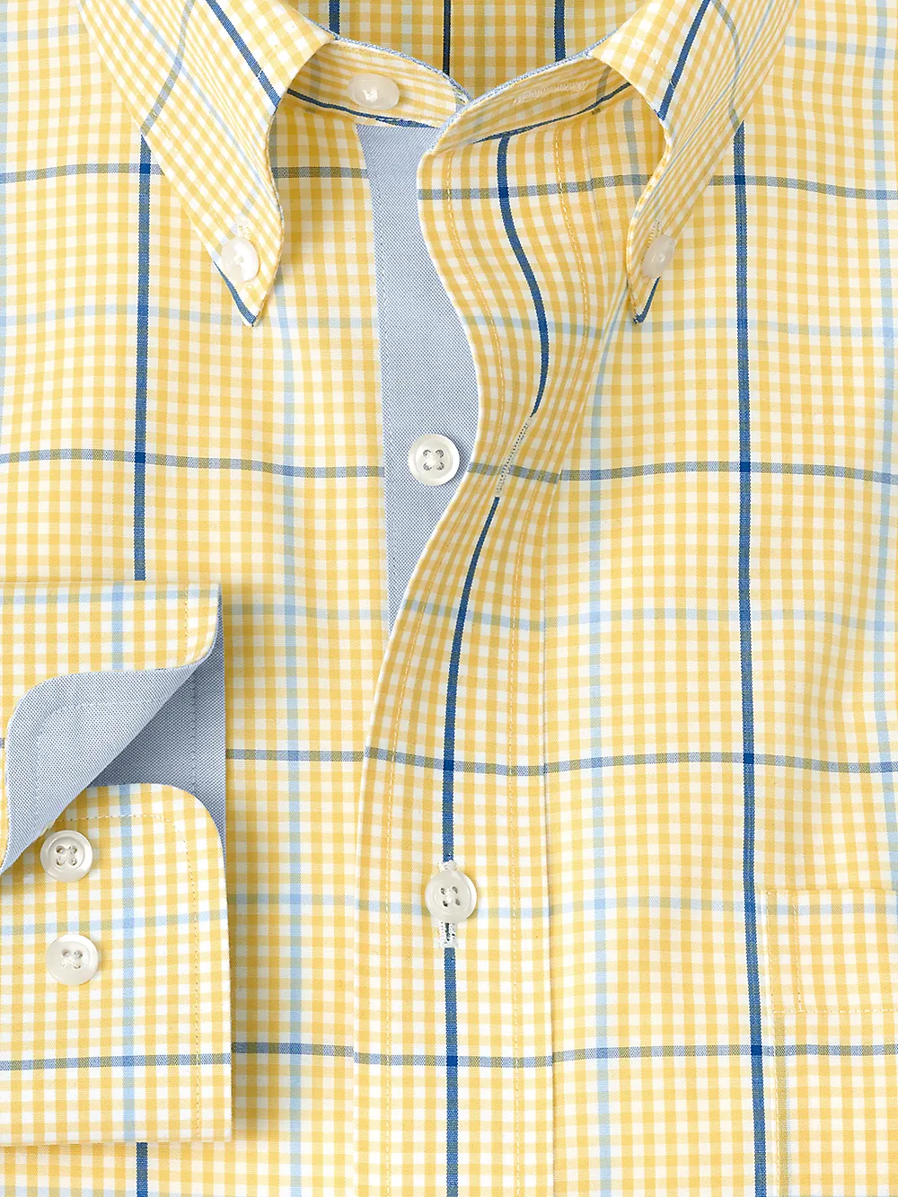 Non-Iron Cotton Windowpane Dress Shirt With Contrast Trim - Yellow/cobalt