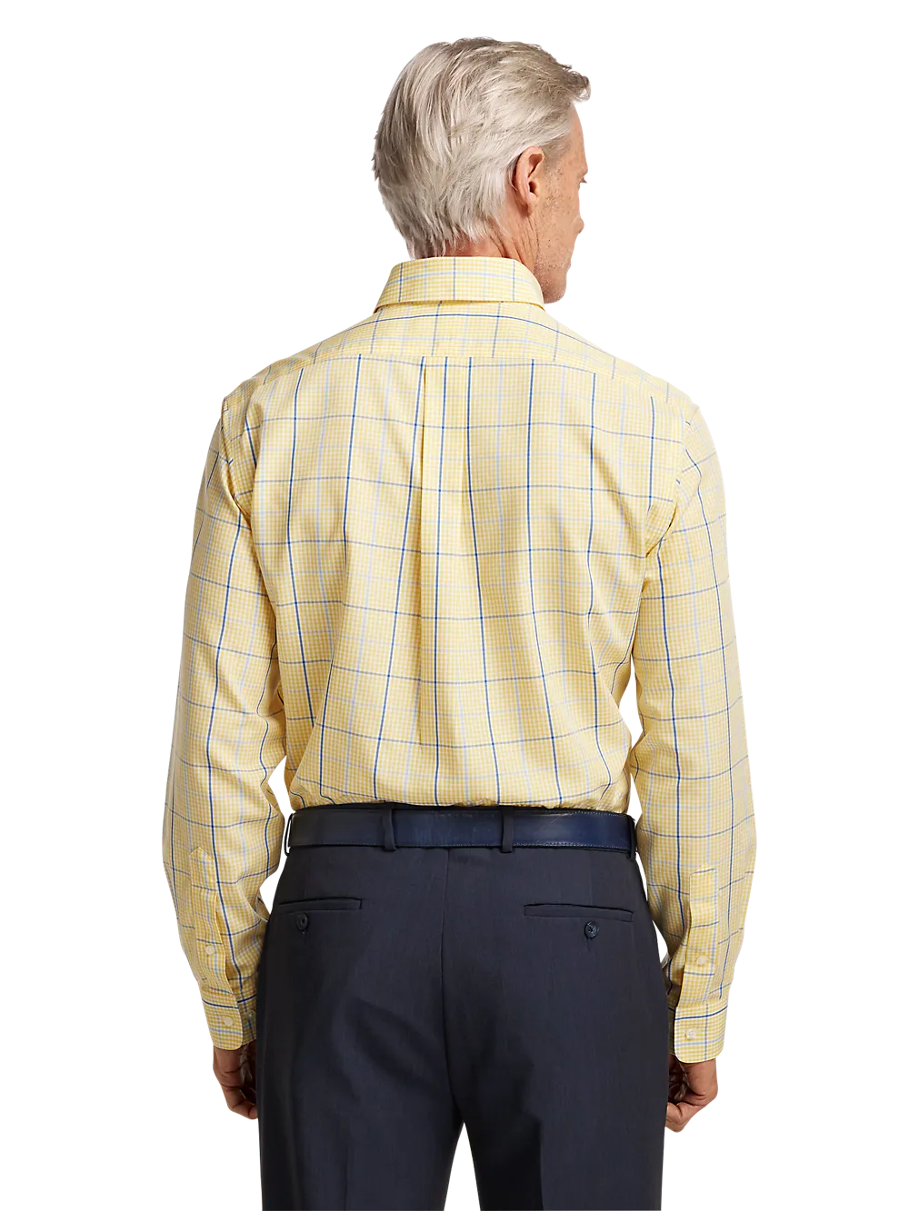 Non-Iron Cotton Windowpane Dress Shirt With Contrast Trim - Yellow/cobalt