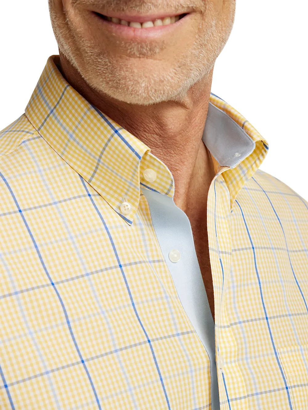Non-Iron Cotton Windowpane Dress Shirt With Contrast Trim - Yellow/cobalt