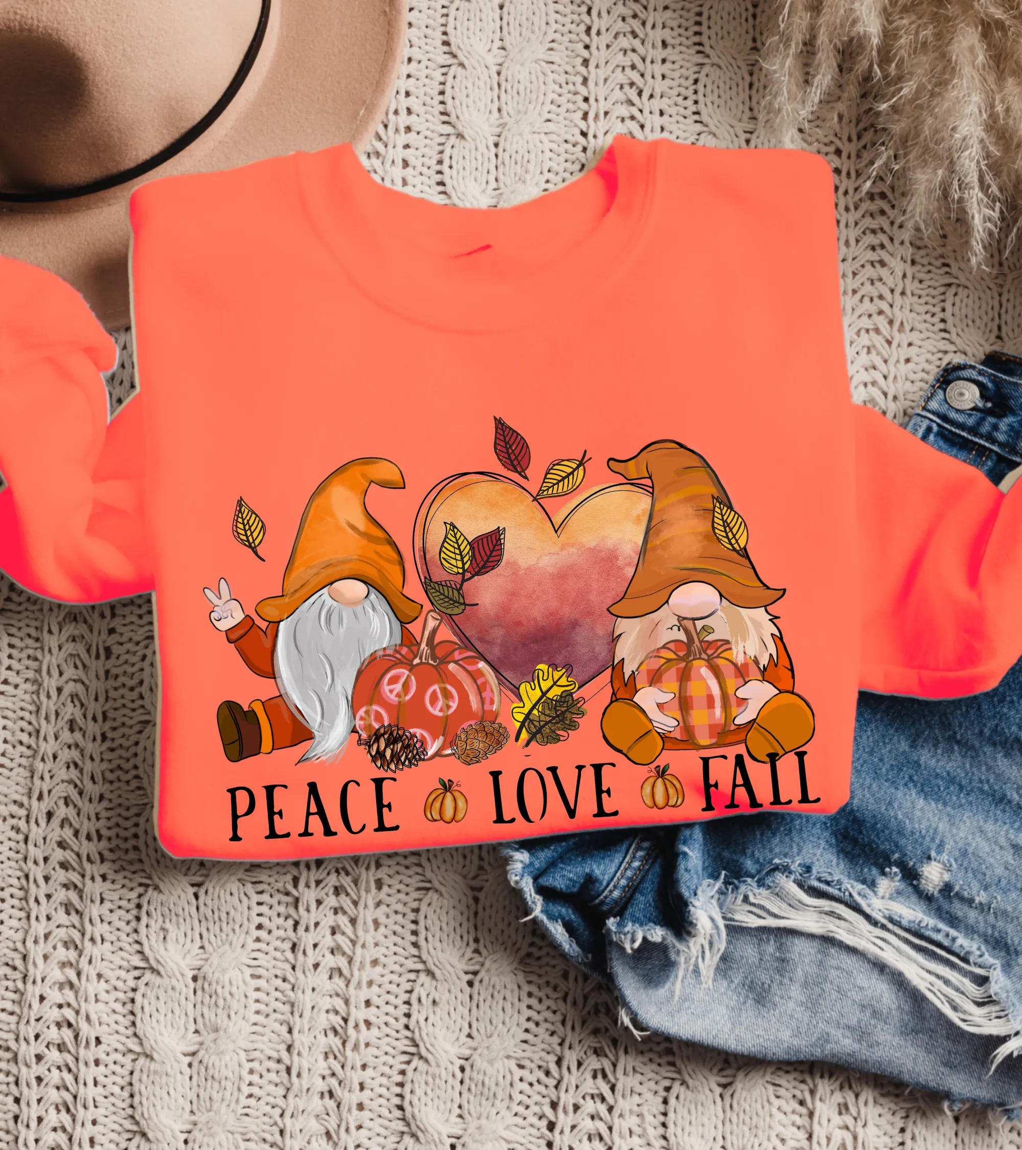 Peace Love Fall Women's Crewneck Sweatshirt, Cute Watercolor Gnomes Fall Shirt