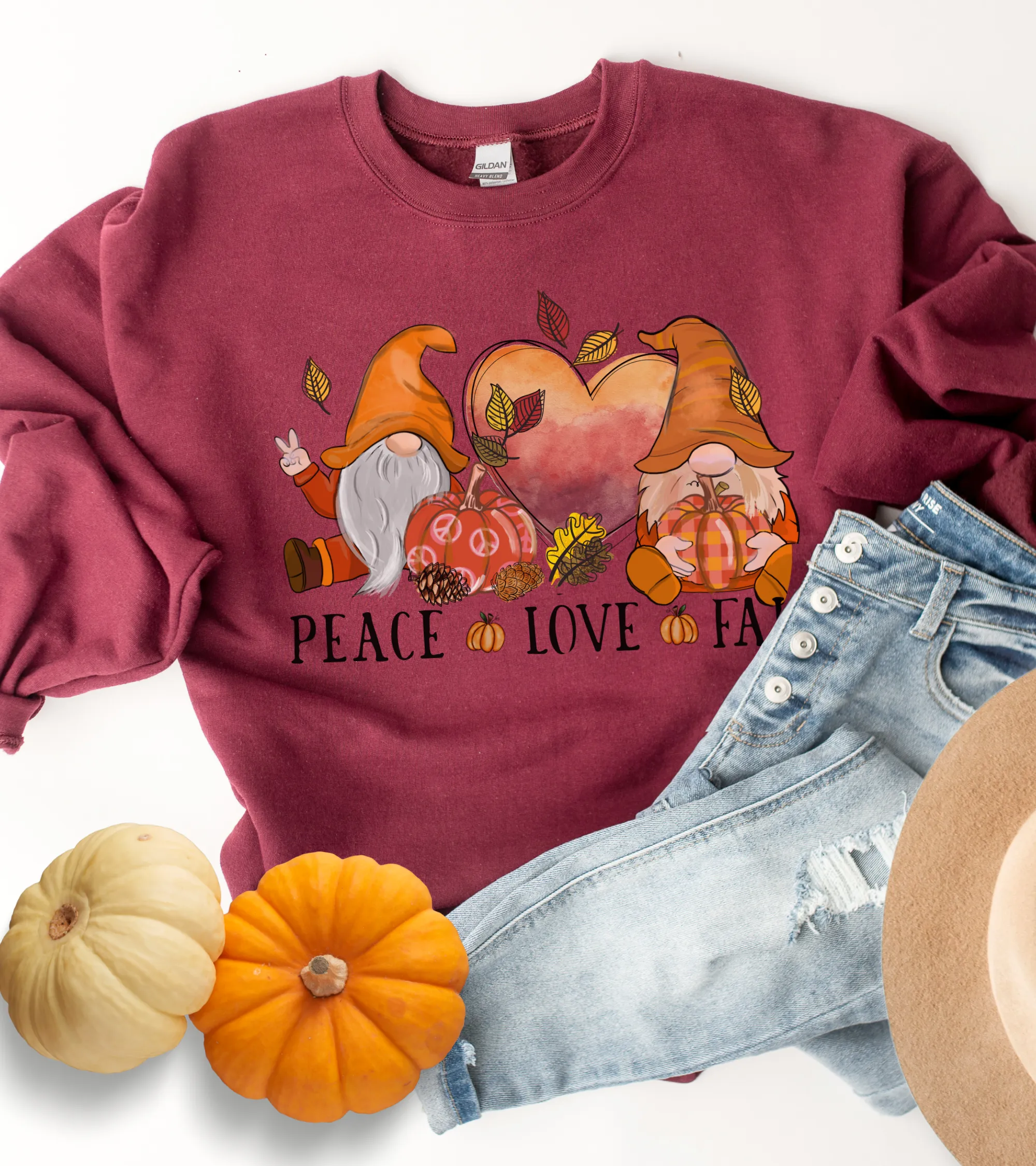 Peace Love Fall Women's Crewneck Sweatshirt, Cute Watercolor Gnomes Fall Shirt