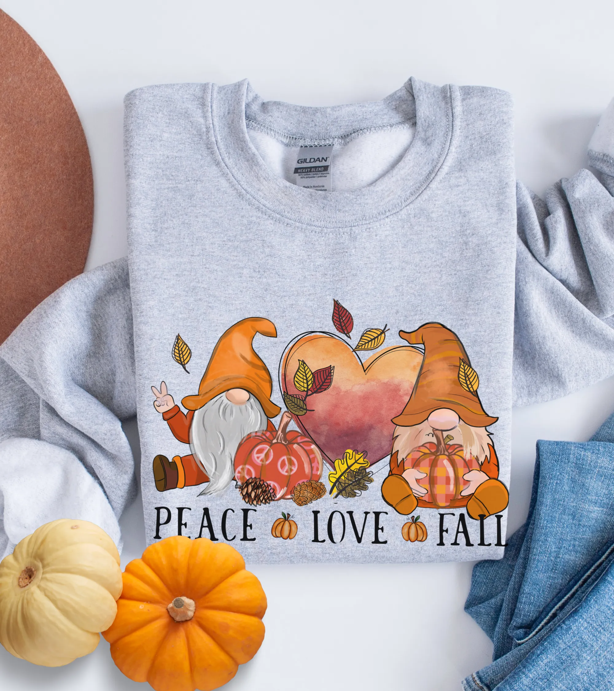 Peace Love Fall Women's Crewneck Sweatshirt, Cute Watercolor Gnomes Fall Shirt