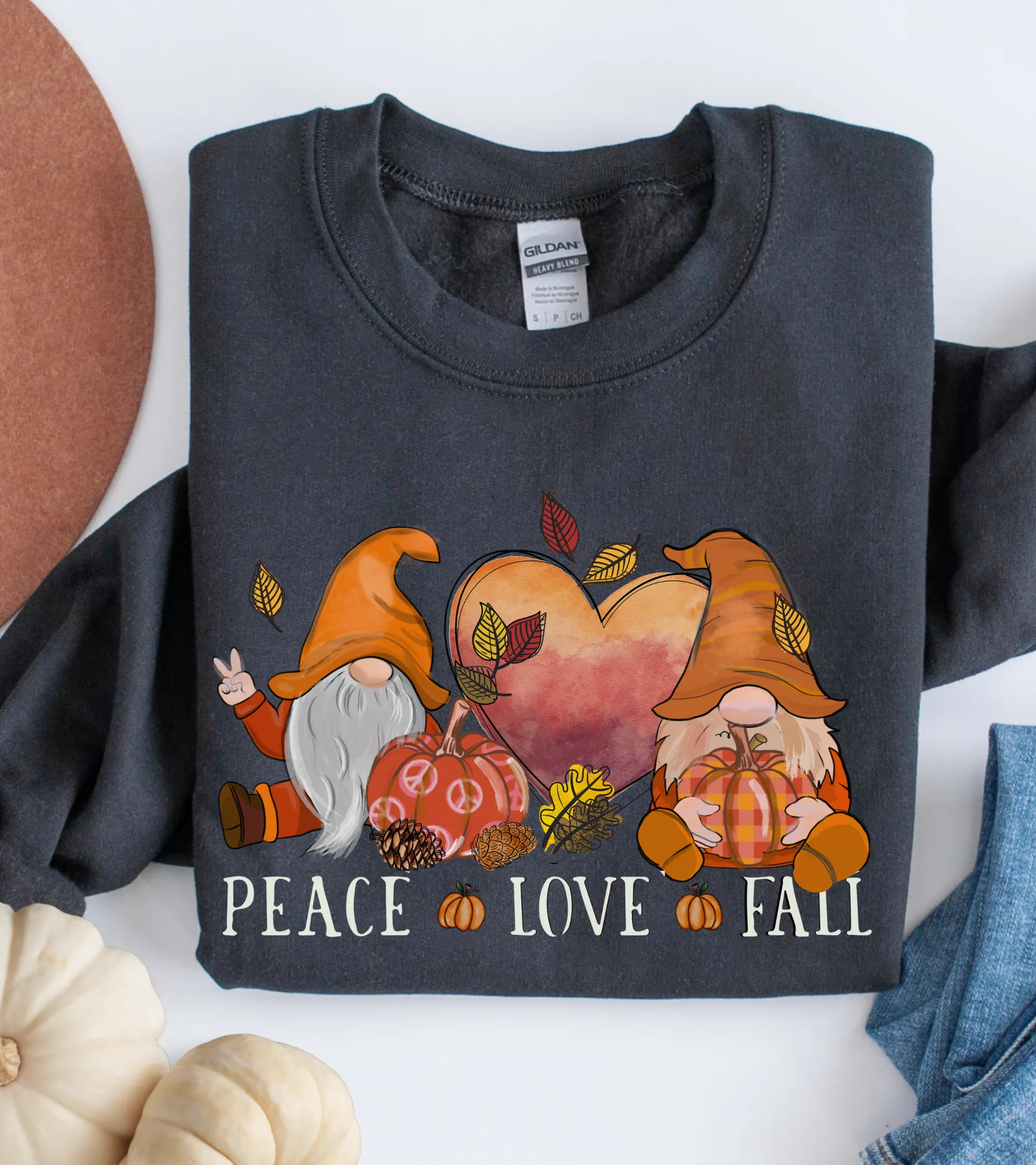 Peace Love Fall Women's Crewneck Sweatshirt, Cute Watercolor Gnomes Fall Shirt