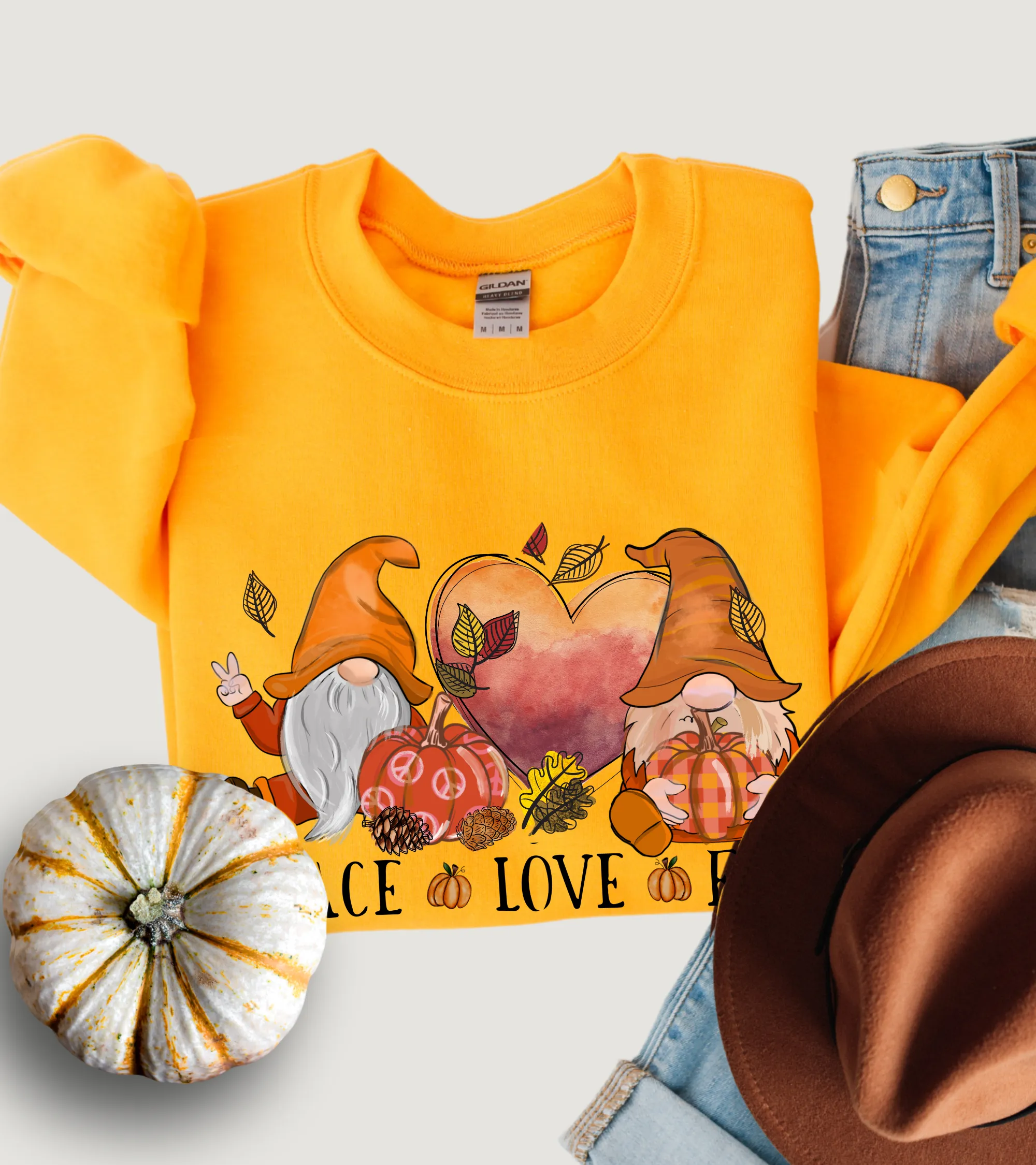 Peace Love Fall Women's Crewneck Sweatshirt, Cute Watercolor Gnomes Fall Shirt