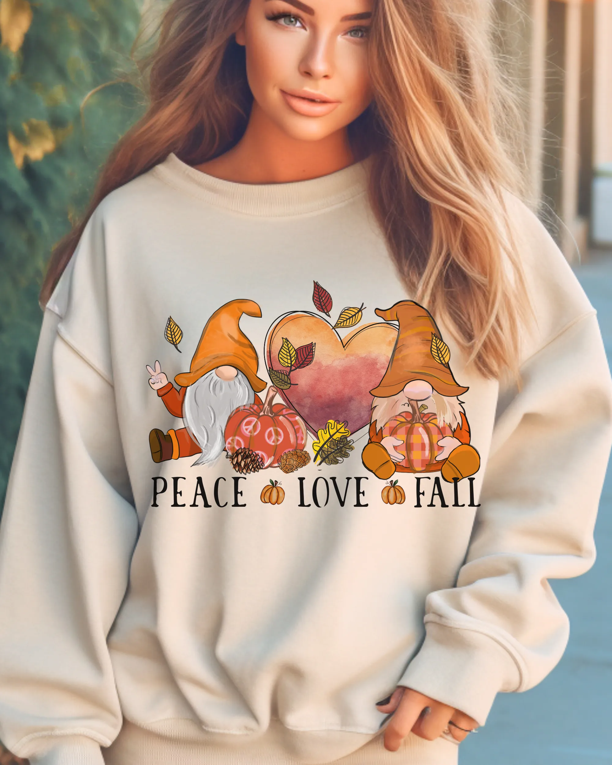 Peace Love Fall Women's Crewneck Sweatshirt, Cute Watercolor Gnomes Fall Shirt