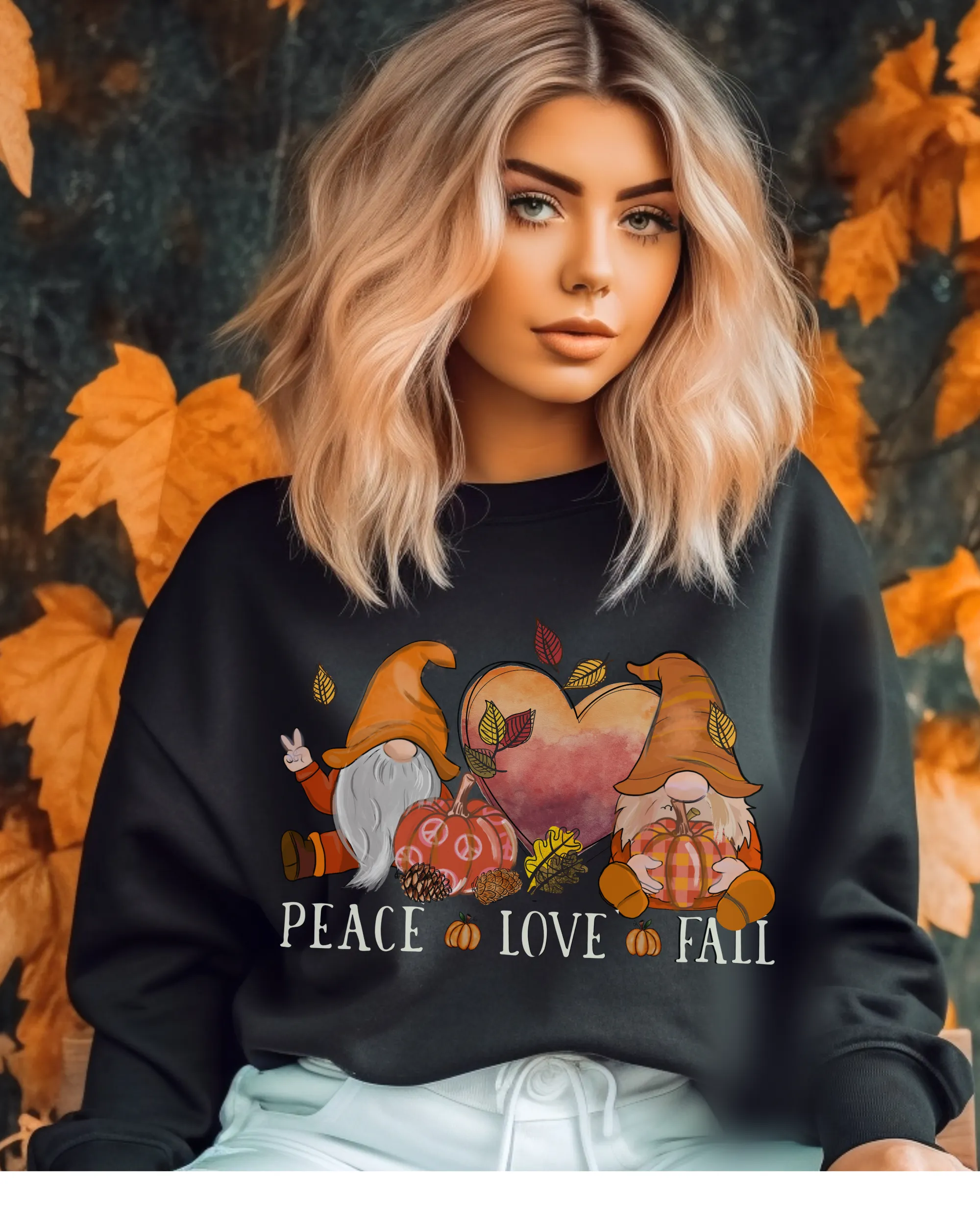 Peace Love Fall Women's Crewneck Sweatshirt, Cute Watercolor Gnomes Fall Shirt