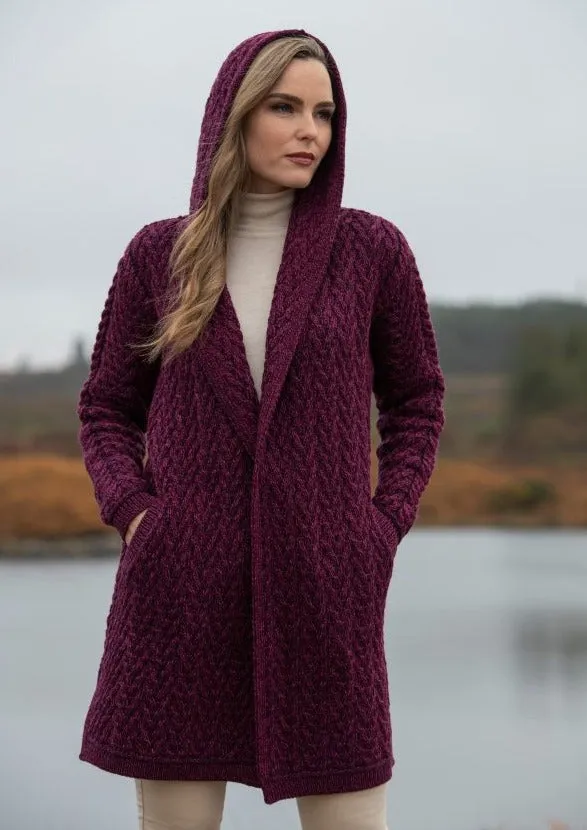 Shawl Hooded Aran Cardigan | Purple