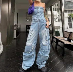 Top Waist Shaping Multi-Pocket Denim Jumpsuit