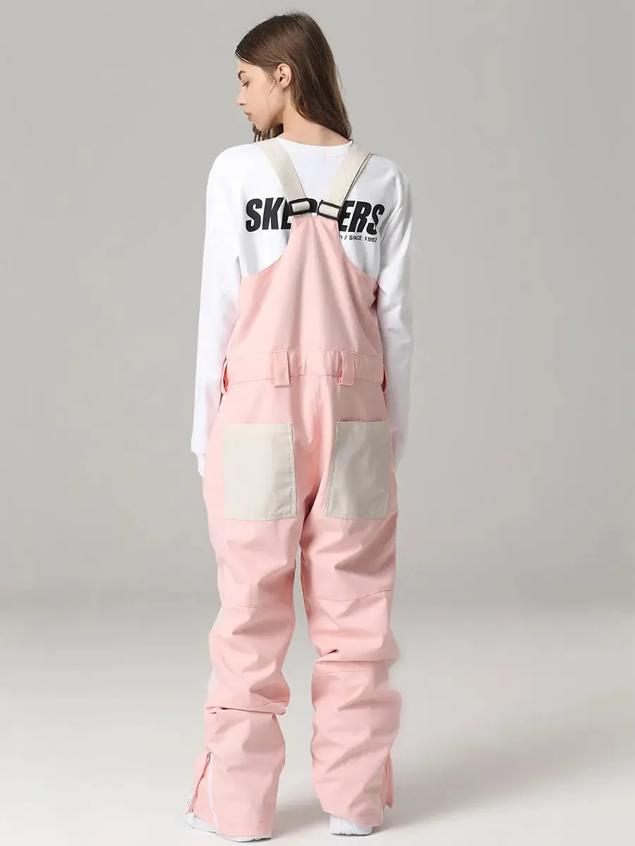 Women Contrast Color Ski Snow Bibs Pants