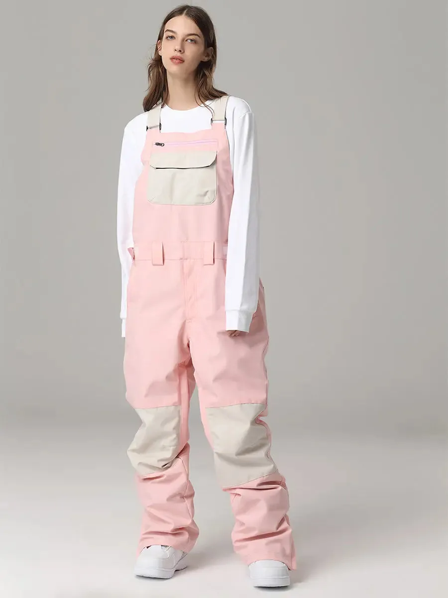Women Contrast Color Ski Snow Bibs Pants