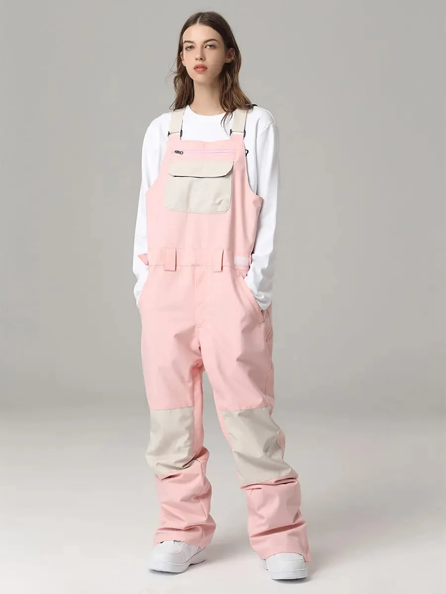 Women Contrast Color Ski Snow Bibs Pants