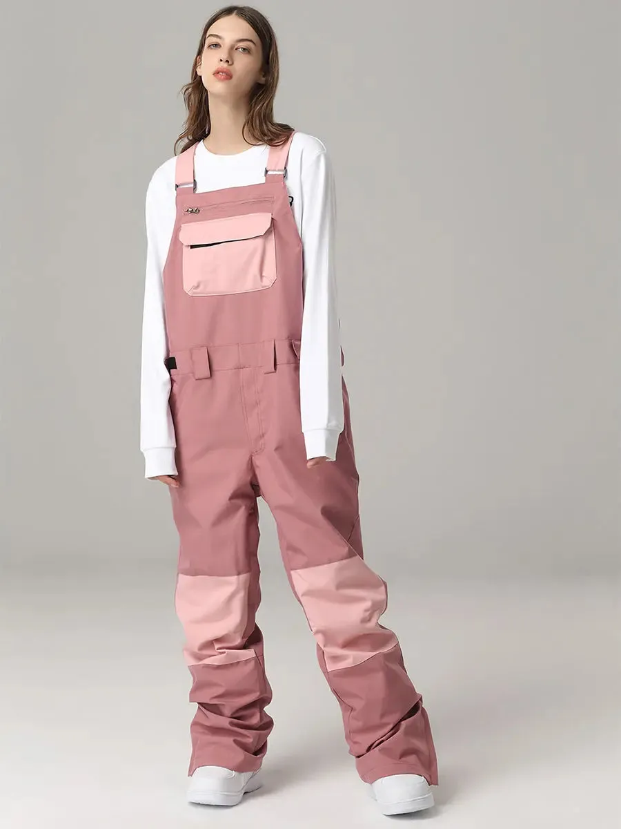 Women Contrast Color Ski Snow Bibs Pants