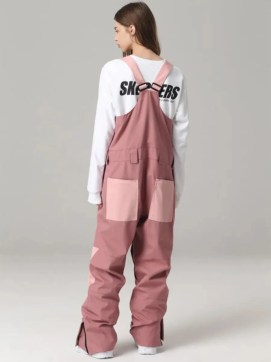 Women Contrast Color Ski Snow Bibs Pants